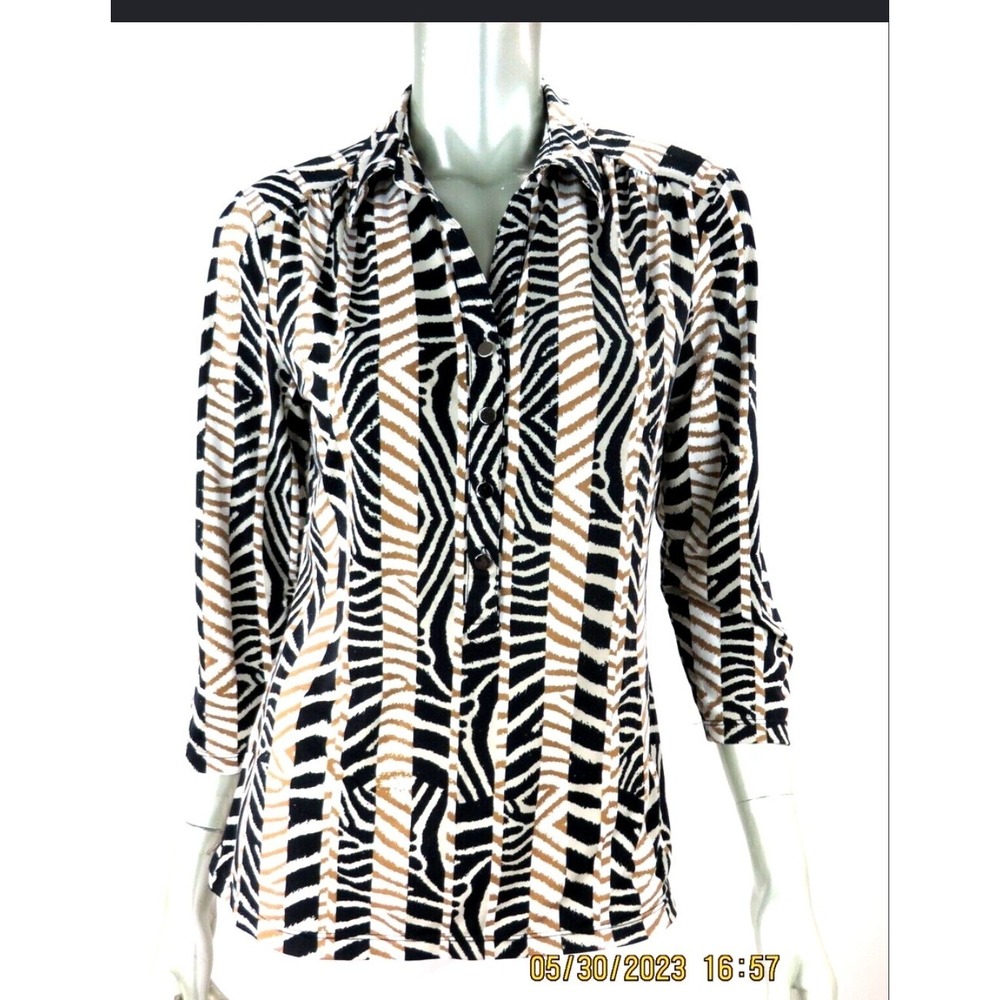 Alfani Women XL Blouse Zebra Stripe 3/4 Sleeve Black Tan White Button Up Top